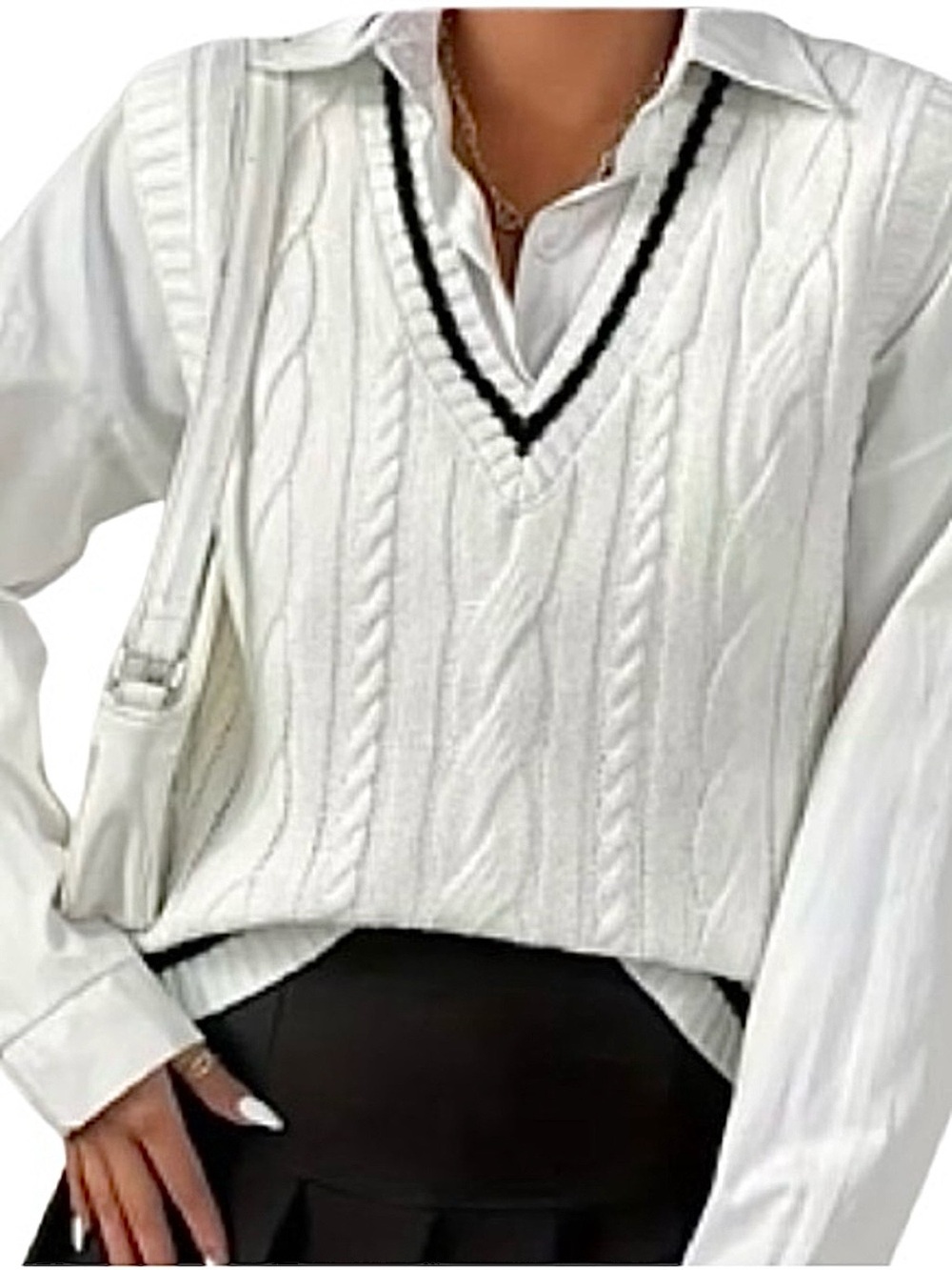 Urban Outfitters- Oversized Ivory Cable Knit V-Neck Sweater Vest with Black Trim